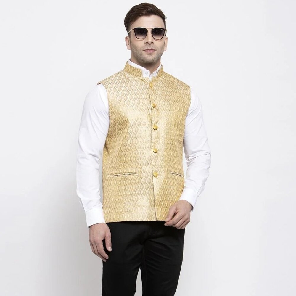 Banarasi Rayon Cotton Beige Modi Nehru Jacket s40